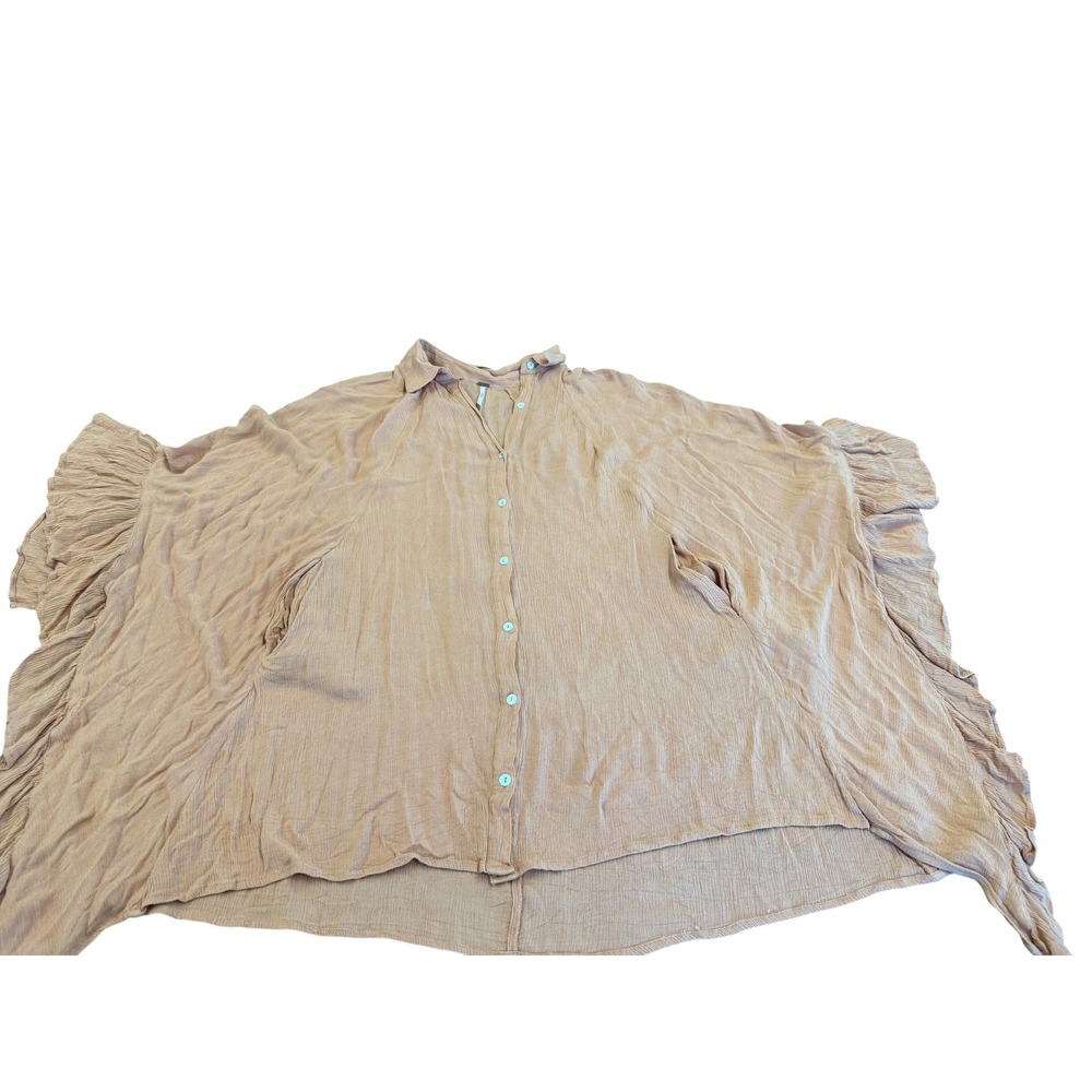 Free People Womens Oversized Ruffle Poncho Button Down Top Tan Gauze Pockets